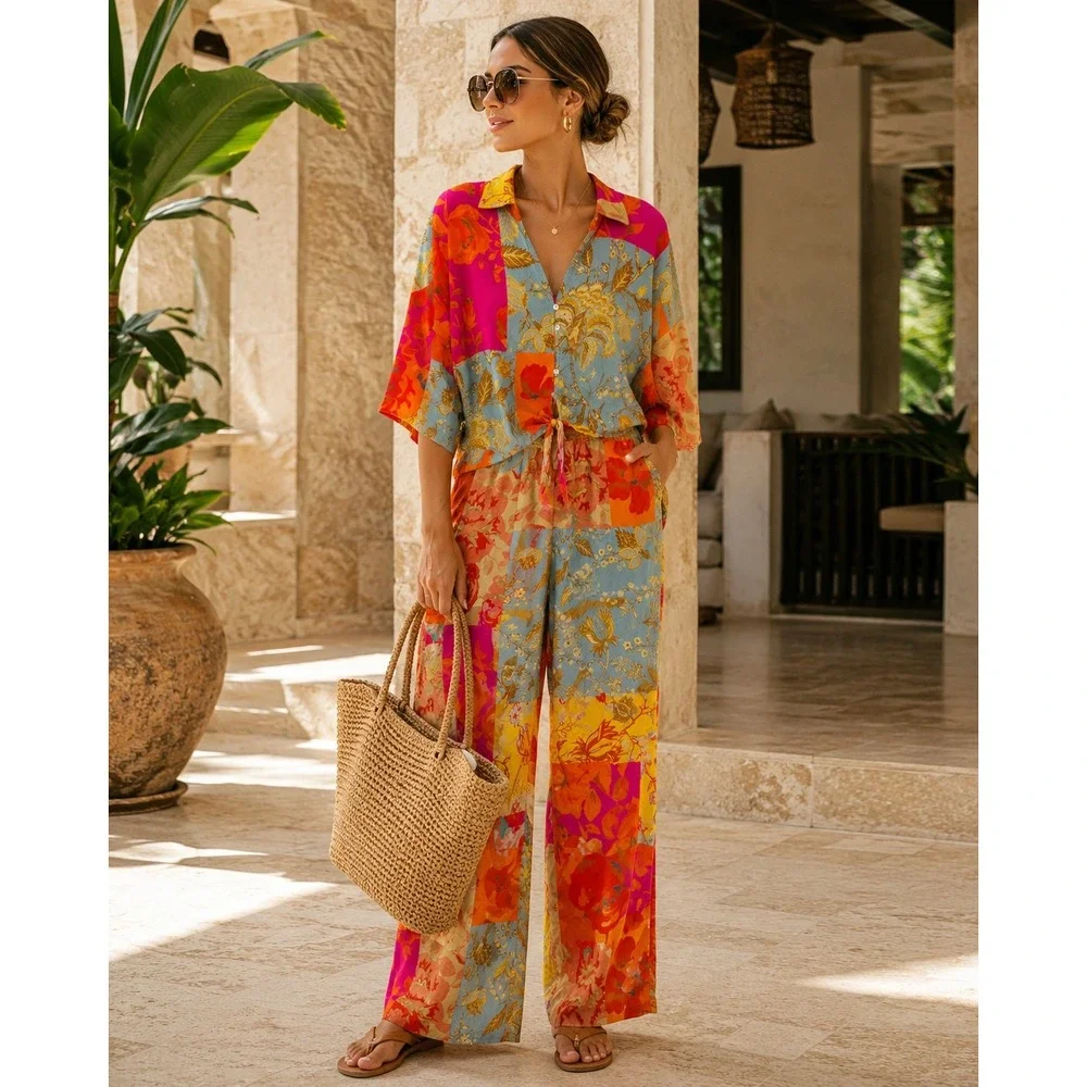 Christian Siriano New York Floral Patchwork 2 Piece Set Top & Wide Leg Pants M